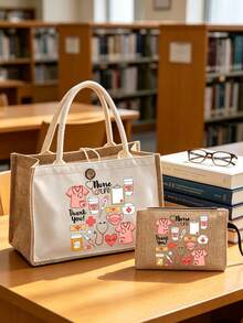 Túi tote vải canvas chủ đề y tá và túi đựng mỹ phẩm đồng bộ - Túi vải lanh chắp vá in họa tiết ống nghe, trái tim, ống tiêm, nhiệt kế, bền và nhẹ, vật dụng thiết yếu hàng ngày của y tá, túi lưu trữ đa năng túi đựng mỹ phẩm ví sắp xếp, phù hợp để đi làm, đi làm, giải trí du lịch, mua sắm, dã ngoại, quay lại trường, tốt nghiệp, quà tặng Ngày Nhà giáo - Nhiều màu - Xem 2