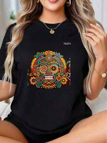 Limited Time Offer, Limited Quantity Available, Flash , Women's Shirts, Women's T-Shirts. Women's Comfortable Loose White T-Shirt, Short Sleeve Round Neck, Mexican  Print, Casual T-Shirt For Everyday Wear And Going Out - 黑色 - 查看 12