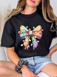 Women's Vintage Retro Christmas T-Shirt, Cute Snowman And Reindeer T-Shirt With Bow - Perfect Holiday Gift, T-Shirt For The Most Wonderful Time Of The Year - 黑色 - 查看 1