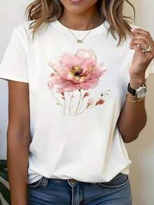 Blusa de manga corta con estampado floral rosa y dorado para mujer - Top de verano de cuello redondo de alta elasticidad, corte regular en forma de H, lavable a máquina, para primavera/verano/otoño, uso casual y semi-formal.blusas para mujer>ropa - Blanco - Ver 7