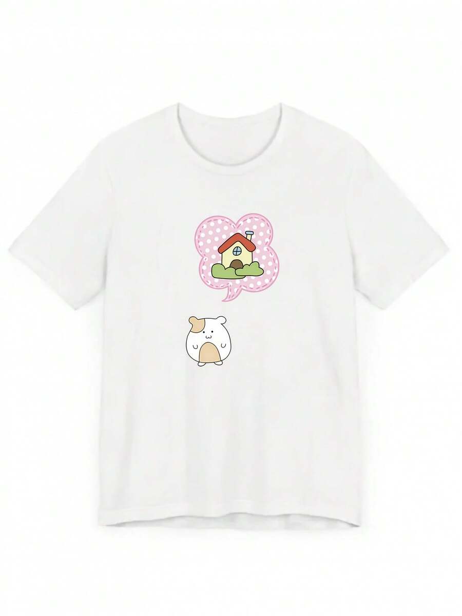 Primavera/Verano 2026 Nuevo Estampado de Casa de Dibujos Animados | Camiseta Versátil de Manga Corta para Mujer | Diseño exquisito | Suelto y cómodo | Fácil de combinar | - Blanco - Ver 1