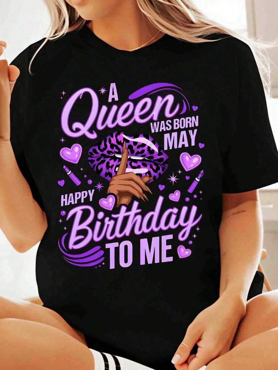 Women's Cotton T-Shirts, "A Queen Was Born In May, Happy Birthday To Me", Women's T-Shirt, Birthday Gift, Purple Lipstick Design, Cute And Fun Birthday T-Shirt, Basic Women's Blouses - 黑色 - 查看 1