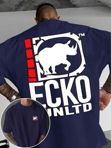 A Short-Sleeved T-Shirt With A "Rhino" Print And A Round Neck, Ideal For Summer. It's A Must-Have For Travel, Dates, Beach Outings, And Vacations, Making It A Perfect Gift For Dad Or A Boyfriend On Special Occasions. - 皇家藍 - 查看 6