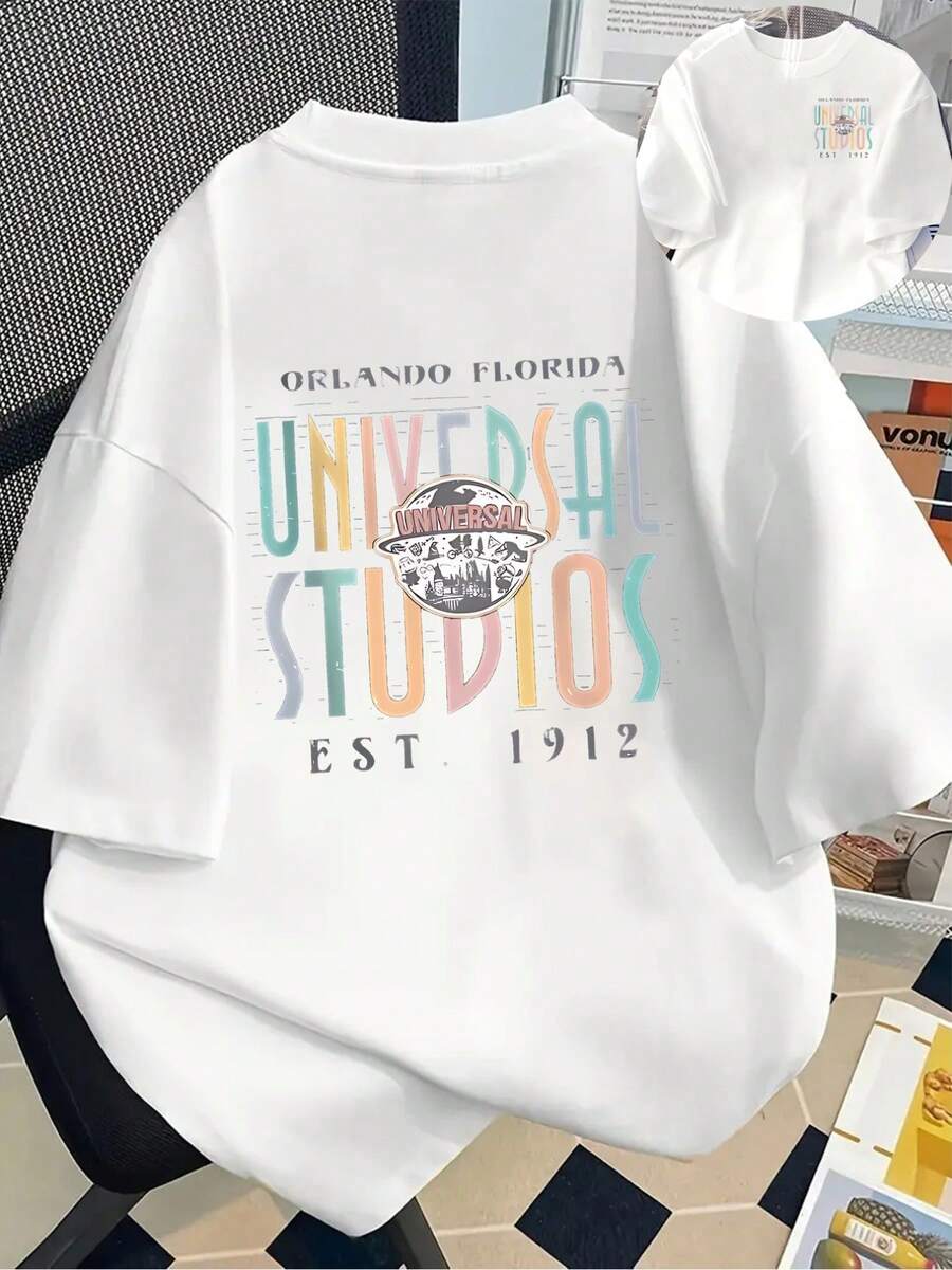 New Men's 180g Heavyweight T-Shirt, % Cotton, With Theme Park Design, Modern Men's T-Shirt, Unique And Versatile, Popular New Style Of Men's Clothing, A Must-Have T-Shirt For Men With Front And Back Panels - Suitable For Layering In Spring And Autumn Or Alone In Summer, Unisex. - 白色 - 查看 1
