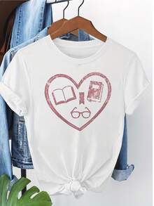 Casual Short-Sleeved, Round-Neck T-Shirt With A Book, Glasses, And Heart Print, 100% Cotton, Ideal For Summer And Spring, Women's Clothing - 白色 - 查看 1