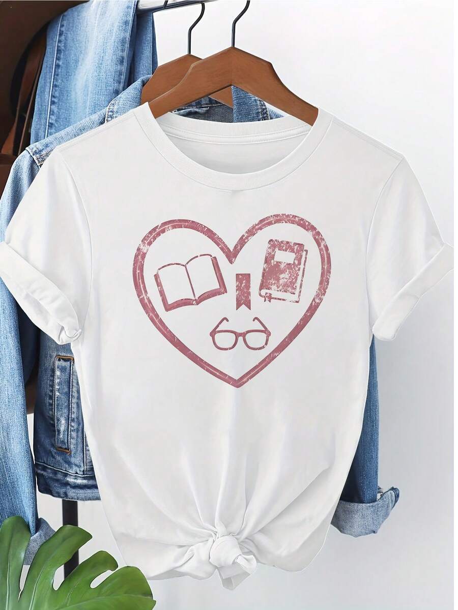Casual Short-Sleeved, Round-Neck T-Shirt With A Book, Glasses, And Heart Print, 100% Cotton, Ideal For Summer And Spring, Women's Clothing - 白色 - 查看 1