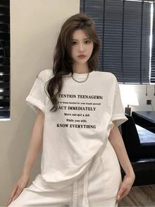 Women's Casual Short Sleeve T-Shirt, Simple And Versatile Design - 100% Cotton, Bold Letter Print, Comfortable And Fitted T-Shirt With Geometric Pattern For Spring And Summer, Hand Wash, Women's Cotton T-Shirt. - 白色 - 查看 1