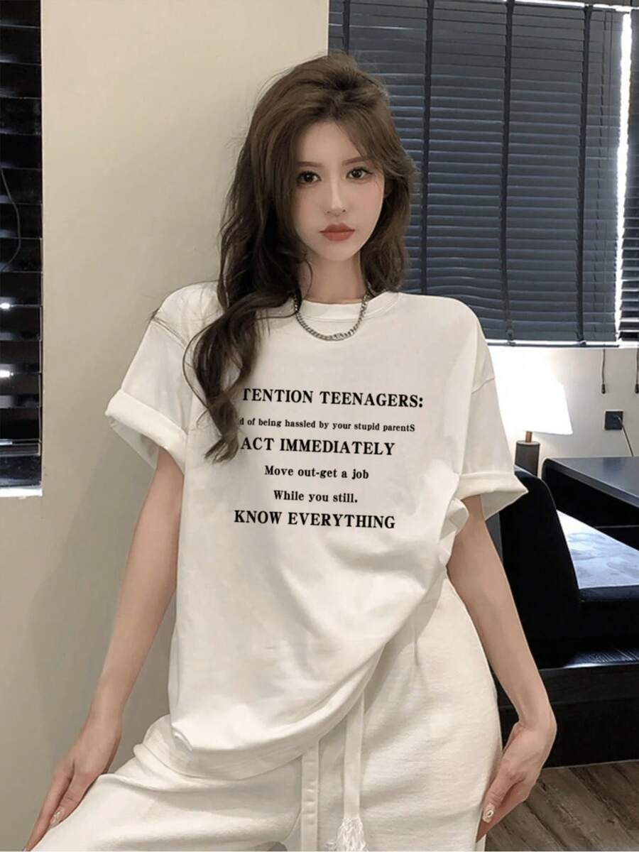 Women's Casual Short Sleeve T-Shirt, Simple And Versatile Design - 100% Cotton, Bold Letter Print, Comfortable And Fitted T-Shirt With Geometric Pattern For Spring And Summer, Hand Wash, Women's Cotton T-Shirt. - 白色 - 查看 1