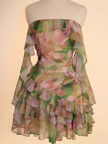 Vestido Gasa Estampado Cuello Envolvente Volante Diseño Exclusivo - Celeste - Ver 5