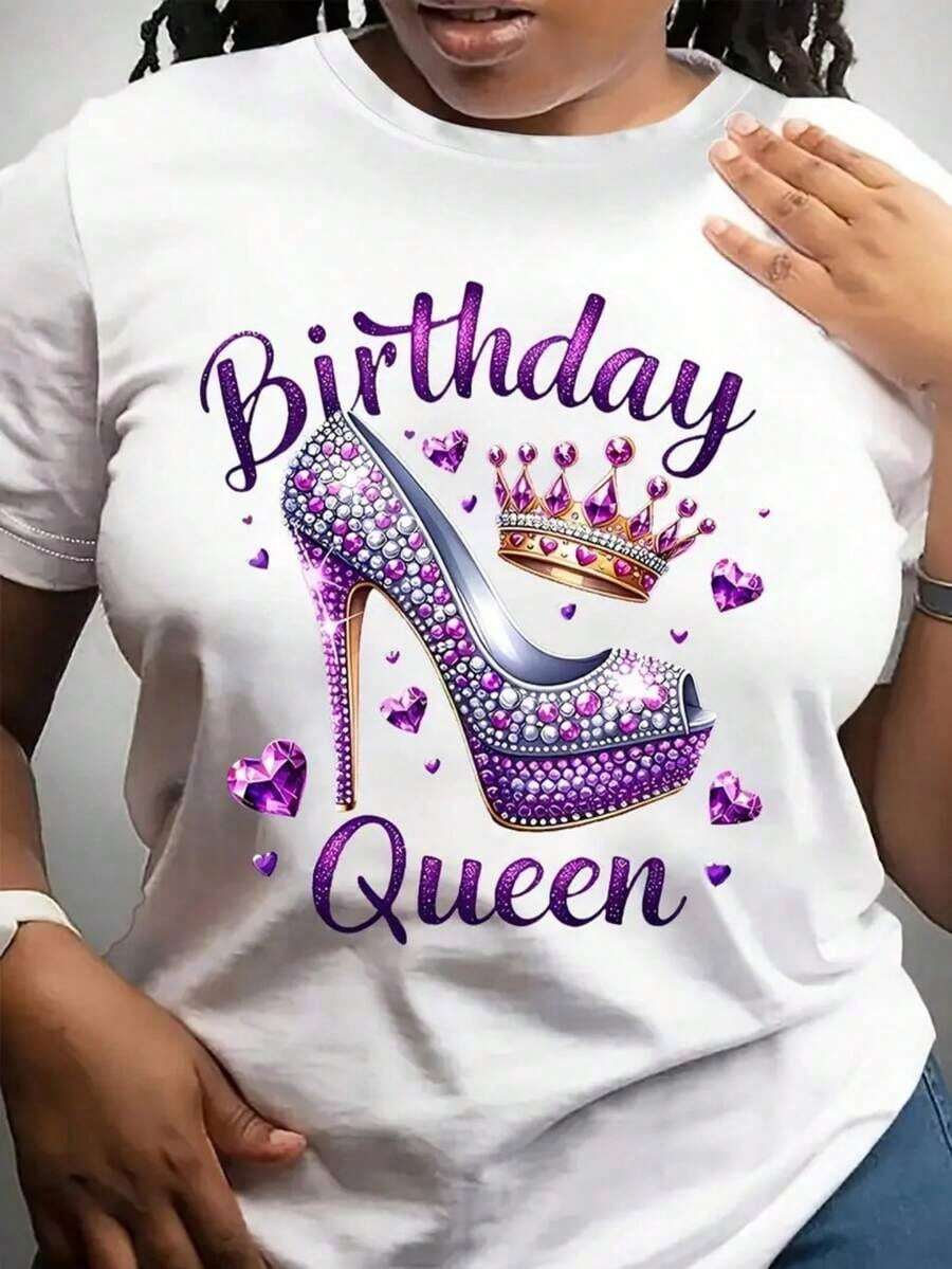 Mexican Women's T-Shirt With Sparkling Rhinestones For Birthday, Decorated With High Heels And Crown Pattern - Breathable Short Sleeve Round Neck Top, Suitable For Parties, Graduations And Special Occasions - Casual Summer Clothes And Birthday Outfit, Lightweight And Comfortable. - 白色 - 查看 1