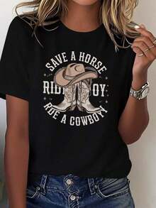 Women's Cotton Crew Neck Casual T-Shirt - Women's Western Cowboy Print T-Shirt - 100% Cotton, Comfortable Short Sleeves, Featuring Cowboy Boots And Horses, And The Slogan "Save A Horse, Ride A Cowboy," Suitable For Country Music Festivals, Rodeos, And Casual Western-Style Outfits. Geometric Pattern, Machine Washable, Loose Fit, Suitable For All Seasons, Casual Western-Inspired Style, Combined With A Cowboy Hat And Horseshoe Design, Breathable Fabric, Comfortable Fit. Simple T-Shirt For Everyday Wear - 黑色 - 查看 1