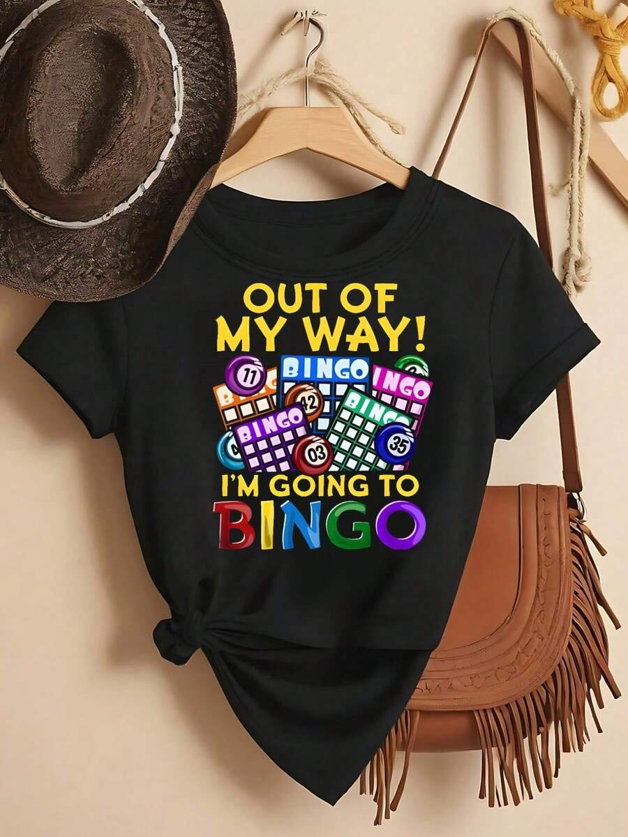 Women's Casual Short Sleeve Crew Neck Cotton T-Shirt - Bingo Game, I'm On , Stay Out Of ! - Fashionable Printed T-Shirt For Women, Spring/Summer, Your Best Choice! Simple T-Shirt For Everyday Wear - 黑色 - 查看 1