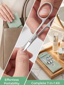 7pcs Portable Nail Clipper Set, High Quality Stainless Steel Ultra Sharp Durable Curved Edge Scissors For Trimming Finger & Toenails, With Nail File (Green & Silver Set) - Multicolor - View 2