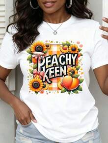 Casual Peachy Keen Sunflower And Peach Graphic T-Shirt For Women Summer Casual Top With Floral Design And Cute Fruit Pattern Fashion Statement ShirtFashion - 白色 - 查看 1