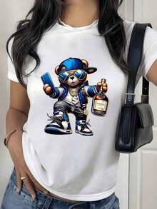 100% Cotton. Bear With Blue Cap, Sunglasses, Gold Chain, Bottle In Hand, And Urban Attitude Symbolizes Modern Confidence. Women's T-Shirt, 100% Soft And Comfortable Cotton. Women's Simple Solid Color T-Shirt, Loose And Slim Fit Casual Short Sleeve - 白色的 - 查看 8