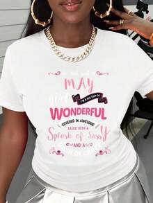 Women's Casual Short Sleeve Graphic Print T-Shirt: "Can I Treat Myself To A Cup Of Wonder Covered In Amazing Sauce With A Touch Of Daring?" For Everyday Wear. - 白色 - 查看 2