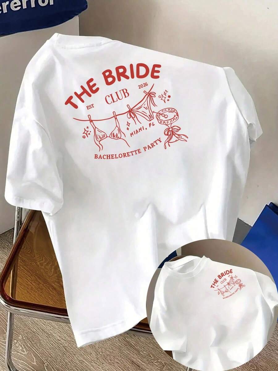 New 2026 Collection: Cotton T-Shirt With Front And Back Print, Short Sleeve, For Bachelorette Party, Modern Casual T-Shirt For Women, Casual Round Neck Short Sleeve Top, For Summer And Spring, Short Sleeve T-Shirt For Women. - 白色 - 查看 1