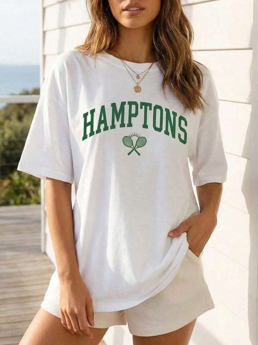 Cute Unisex Premium Casual T-Shirts, Oversized Cotton T-Shirt With Hamptons Graphic Design | Soft Summer Casual T-Shirt With Tennis Print, Preppy Style, Spring And Summer Clothing, One Piece, 35% Cotton, 65% Polyester. - 白色 - 查看 1