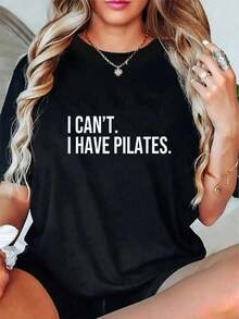 100% Cotton Cool Pilates With Saying I Can't I Have Pilates T-Shirt Casual Short Sleeve Shirt - 黑色 - 查看 5
