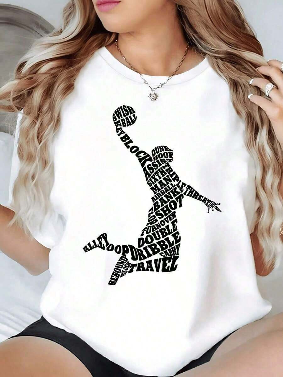100% Cotton. Basketball Player Figure Formed By Sports-Related Words In Action. Women's T-Shirt, 100% Cotton, 220g. Women's Simple Solid Color T-Shirt, Loose And Slim Fit Casual Short Sleeve - 白色的 - 查看 1