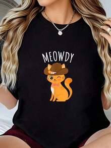 PremiumLooseMeowdy-Shirt Round Neck T-Shirt, Artistic Design, Summer Top, Women's Summer T-Shirt, Casual And Comfortable, Round Neck Top, Gift Idea - 黑色 - 查看 1