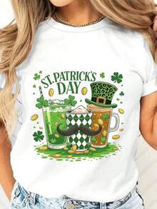 Women's T-Shirt For St. Patrick's Day, With Beer And Green Drink Design, Mustache And Shamrocks, Festive Party Outfit, New Arrivals, Women's Clothing, Gifts For Women - 白色 - 查看 7