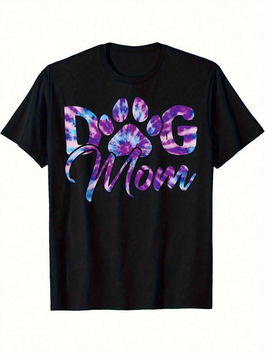 Women's Tie-Dye T-Shirt "Dog Mom" - Galactic Paw Print Design, Casual Short Sleeve Crew Neck T-Shirt, Ideal For Dog Lovers, Machine Washable For Summer And Year-Round Wear, Pet Themed T-Shirt, All Season Wear, Breathable Fabric, Exclusive For Animal Lovers, Pet Owner Clothing, Everyday Wear, Galactic Design, Tie-Dye Pattern, Lightweight Material, Comfortable Fit, Unisex Style, T-Shirt For Animal Lovers, Dog Owners, Fashion Enthusiasts - 黑色 - 查看 1