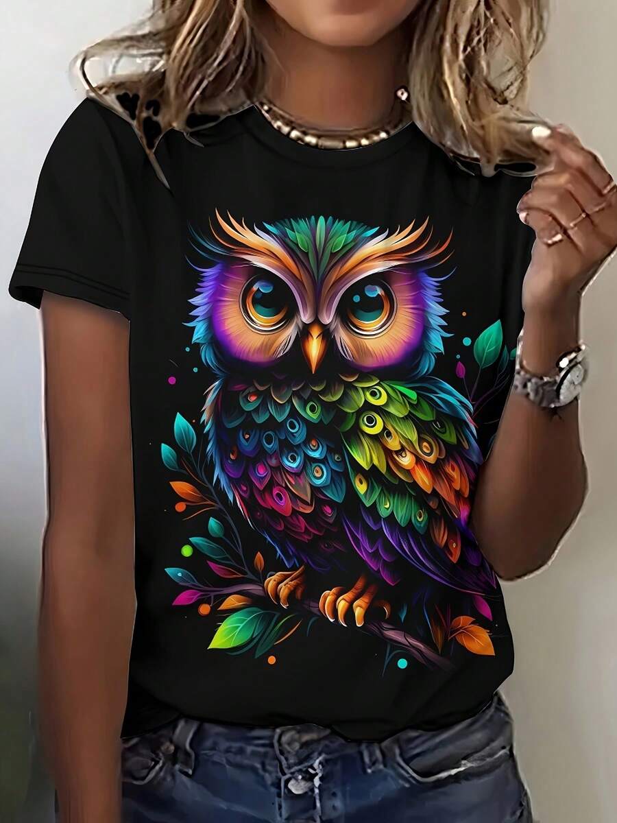 Women's 3D Printed Short Sleeve T-Shirt - Black - View 1