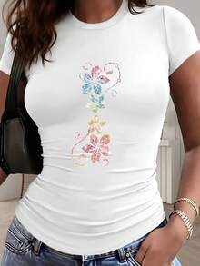 Artistic Floral Print - Y2K Style - Women's Casual T-Shirt, Elegant, Sporty, Small Size, Slim Fit, Solid Color, With Detailed Pleats At The Waist, Round Neck, Short Sleeve, Suitable For Four Seasons. - 白色 - 查看 6