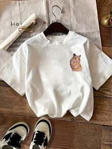 Shushu Biye Doppelseitig Bedrucktes Modisches Kurzarmshirt, Lässiges Kurzarm-Rundhals--Shirt, Damenbekleidung,Festival - 白色 - 查看 2