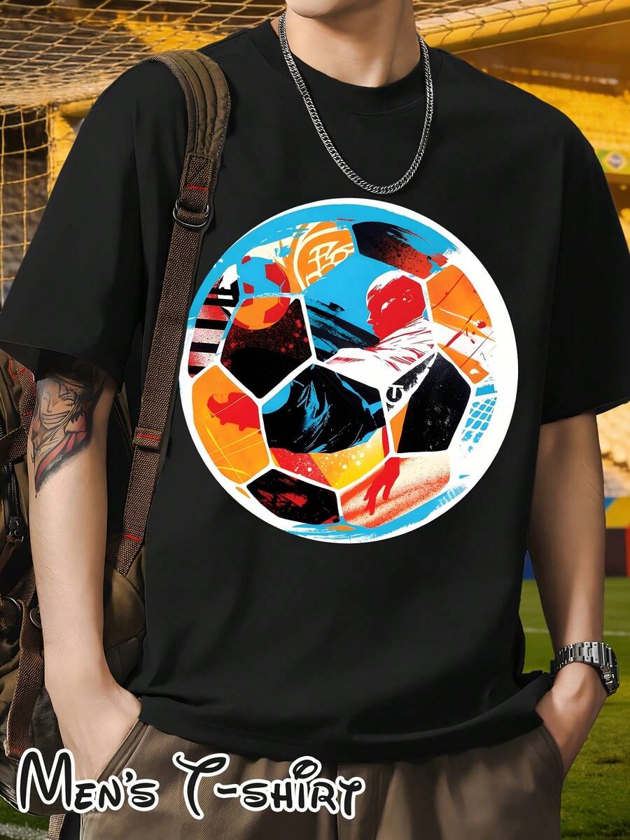 [Popular Licensed Design] Short-Sleeved T-Shirt With "Color Block Mosaic Style" Print, Artistic And Fashionable Outfit, Perfect For Casual Dinners And Sightseeing Walks, Football Collage Art Style, Suitable For Art Exhibitions, Casual Daily Wear, Student Outings And As A Gift For Football Art Fans. - 黑色 - 查看 1