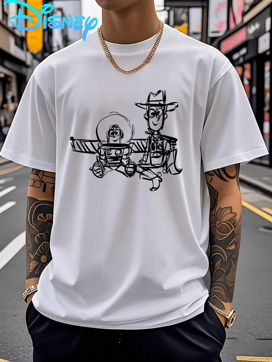 (Disney Licensed)Disney Toy Story Men's Oversized Graphic T-Shirt, Buzz Lightyear & Woody Sketch Art Print Crew Neck Short Sleeve Casual Streetwear Tee, Minimalist Black Line Art Cotton Blend Daily Wear Top, Mens Clothes, Men, Ropa De Hombre, Summer Clothes, Men Shirts, Graphic Tees, Disney Outfits Men, Graphic Tees, Camisetas Para Hombre, Camisas Para Hombre, Summer Outfits For Men, Father's Day Gift, Perfect Gift For Family And Friends, Which Are Necessary For Birthday Parties, Disney Shirts, Mens Clothes, Summer Clothes, Officially Licensed Disney T-Shirts, Disney Men's And Women's Spring/Summer Fashion Casual Short-Sleeve T-Shirts - trắng - Xem 1