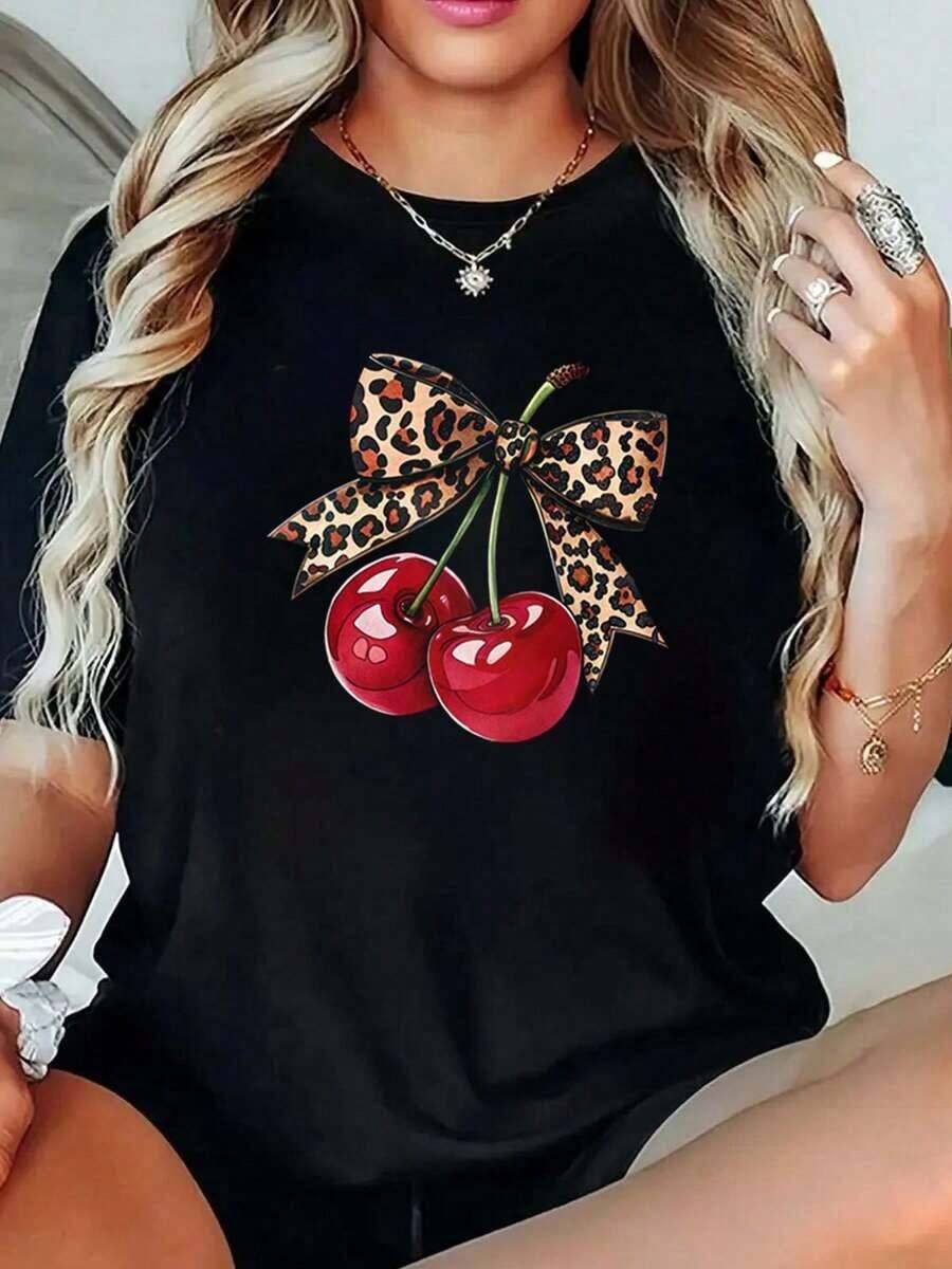 1pieza Blusas para mujeres hermosas Blusas para mujeres Ropa para mujeres con lazo de cerezo Camiseta 180G Negro y blanco, cerezo y estampado de leopardo, estampado de alta calidad, cuello redondo, suelta básica, para hombres y mujeres, transpirable, versátil, lavable en máquina, cómoda, talla S ~ 3XL, diaria, casual, deportiva, esencial para el verano - Negro - Ver 1