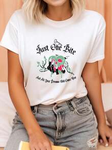 Women's Oversized T-Shirt With "One Bite" Graphic Print By Poison Apple - Inspired By Fairy Tales - "One Bite" Text - Soft And Breathable Fabric - Casual T-Shirt For Everyday Wear - Birthday Party Outfit - Ideal Gift For Women And Men (Spring/Autumn/Summer) - Women's Tops - 白色 - 查看 3