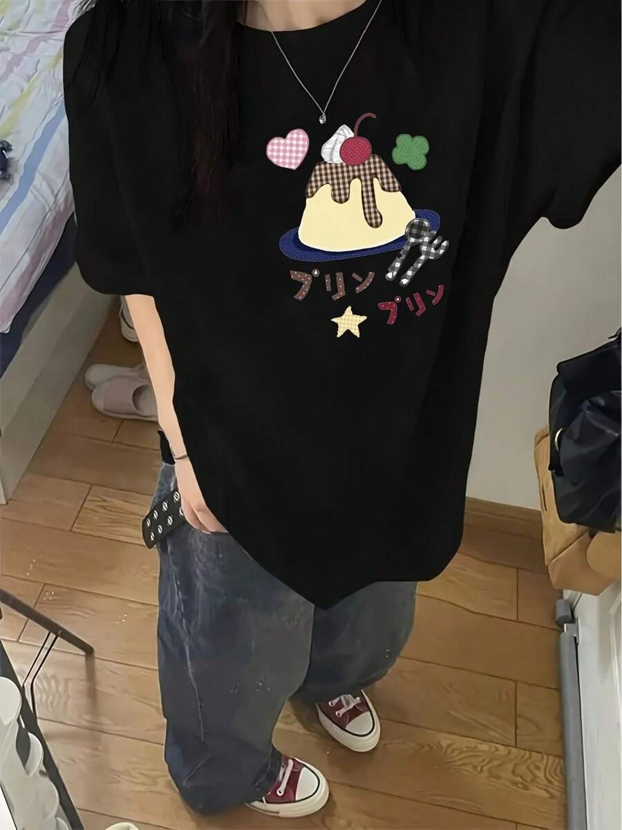 Camiseta Estampada para Mujer - Camiseta Casual Negra de Manga Corta y Cuello Redondo con Lindos Lazos Estampados, Corte Relajado para Todas las Estaciones, Perfecta para el Uso Diario y Atuendos de Vacaciones (Lavable aáquina). - Negro - Ver 1