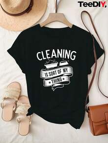 Camiseta Estampada para Mujer - Camiseta Casual de Manga Corta y Cuello Redondo en Negro con Texto Blanco y Diseño Gráfico, Corte Relajado para Todas las Estaciones, Perfecta para el Uso Diario y Atuendos de Vacaciones (Lavable aáquina). - Negro - Ver 1