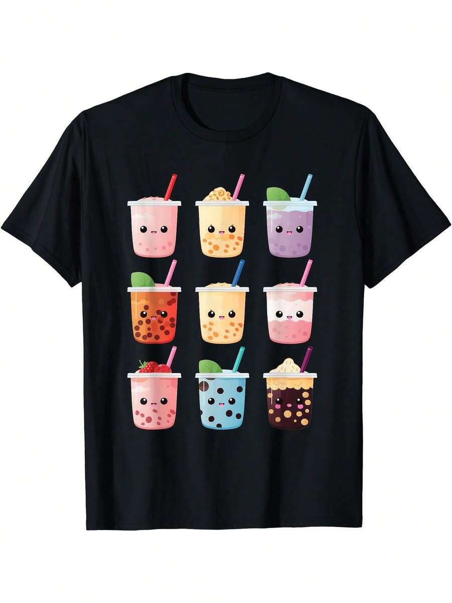 Camiseta Deportiva Casual para Mujer - Camiseta Negra Elástica de Cuello Redondo con Ilustración Colorida de Vaso deé de Burbujas, Lavable aáquina, Ajuste Cómodo y Apta para Todas las Estaciones, para Uso Diario. - Negro - Ver 1