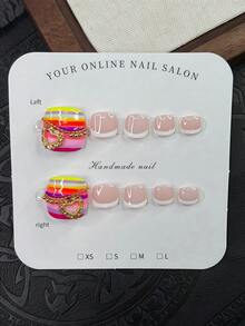 1 Set 10 Stücke funkelnde quadratische Aufkleb-Zehennägel, rosa handgemachte Zehennägel, vielseitige handgemalte bunte Streifen Zehennägel, weiße French Tips Stil, süße bunte Zehennägel, funkelndes goldenes Liebes-Muster und goldene kleine Stahlkugel Akzente, einfache handgemachte Zehennägel, vielseitige Zehennägel, eleganter sexy Stil für Frauen - Verschiedenfarbig - Übersicht 1