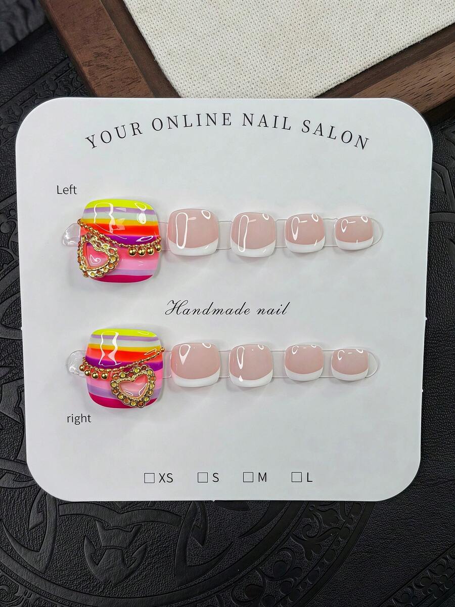 1 Set 10 Stücke funkelnde quadratische Aufkleb-Zehennägel, rosa handgemachte Zehennägel, vielseitige handgemalte bunte Streifen Zehennägel, weiße French Tips Stil, süße bunte Zehennägel, funkelndes goldenes Liebes-Muster und goldene kleine Stahlkugel Akzente, einfache handgemachte Zehennägel, vielseitige Zehennägel, eleganter sexy Stil für Frauen - Verschiedenfarbig - Übersicht 1
