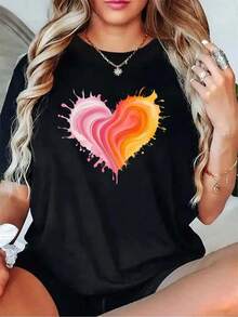 Women's T-Shirts, Women's T-Shirt With A Fire And Ice Heart Design. It Suits All Body Types And Is Suitable For All Seasons. It's Very Fashionable And Versatile, Ideal For Everyday Casual Wear And Also Perfect As A Gift. - 黑色 - 查看 1