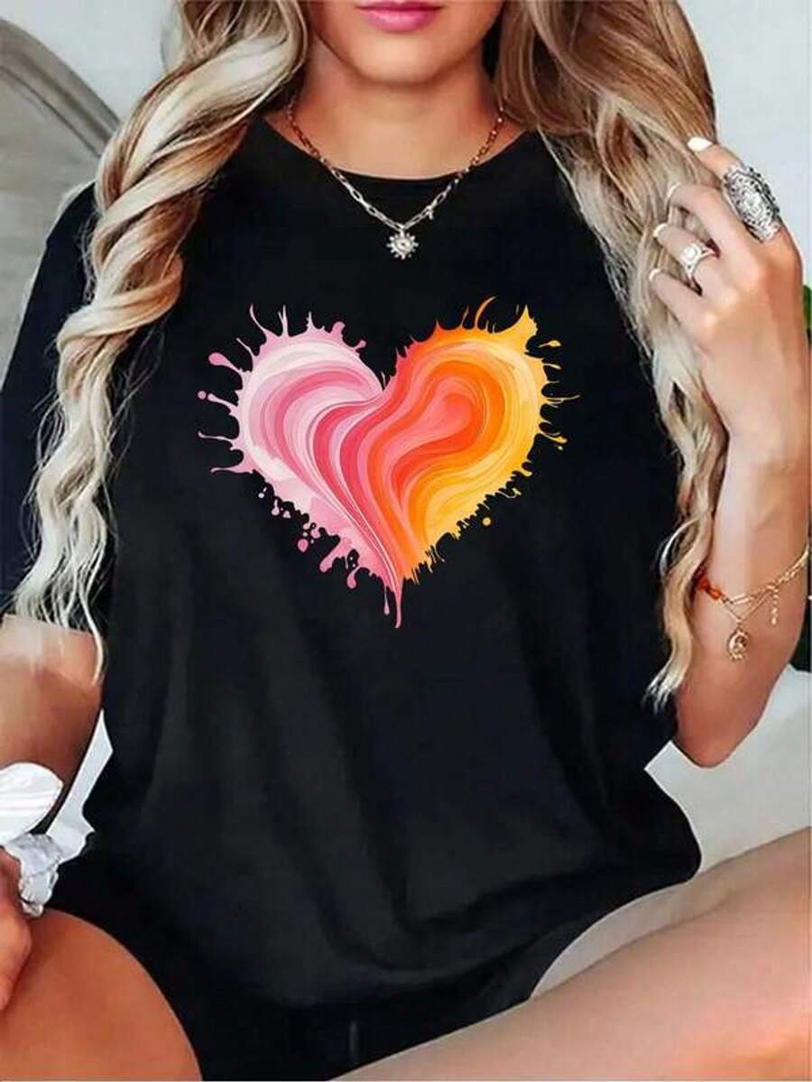 Women's T-Shirts, Women's T-Shirt With A Fire And Ice Heart Design. It Suits All Body Types And Is Suitable For All Seasons. It's Very Fashionable And Versatile, Ideal For Everyday Casual Wear And Also Perfect As A Gift. - 黑色 - 查看 1