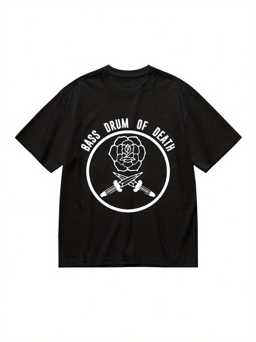 Men's And Women's Death Metal Drum Print T-Shirt, Black Skull And Intertwined Bones Design, Casual Short Sleeve Crew Neck, Suitable For All Seasons, Music Fan Clothing, Skull Print T-Shirt, Stretch Fabric, Best Gift For Men And Women. - 黑色 - 查看 1