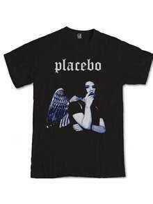 Placebo Band Brian Molko Gothic Heavy Metal T-Shirt For Men, With Wings Design, Black, With Gothic Font, For Birthday, Men's Fashion, Casual, Concert Merchandise, For Placebo Band Fans, Unisex Clothing,  Fashion T-Shirt, Durable Printed T-Shirt For Men, Printed T-Shirt, Men's T-Shirt, Fashion Gift. - 黑色 - 查看 1