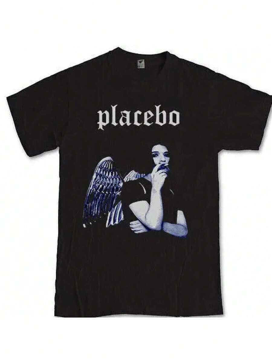 Placebo Band Brian Molko Gothic Heavy Metal T-Shirt For Men, With Wings Design, Black, With Gothic Font, For Birthday, Men's Fashion, Casual, Concert Merchandise, For Placebo Band Fans, Unisex Clothing, Fashion T-Shirt, Durable Printed T-Shirt For Men, Printed T-Shirt, Men's T-Shirt, Fashion Gift. - 黑色 - 查看 1