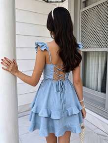 European And American New Spring/Summer Spaghetti Strap Elegant Sleeveless Dress Women, Double Ruffle Hem Bodycon Backless Sexy Mini Dress - Blue - View 5