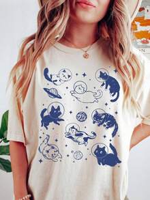 Camiseta estampada premium de verano para mujer, camiseta de gato espacial, camiseta de gato divertida, camiseta de corte holgado, camiseta con estampado estético vintage, regalo para amantes de los gatos, camiseta de gato. - Blanco - Ver 8