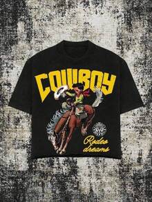 Cotton Graphic T-Shirt, Plus Size (220 Cotton T-Shirt), Men's Y2K Western T-Shirt - "COWBOY Rodeo Dreams" Design, Loose Casual T-Shirt, Y2K, Men's Oversized T-Shirt, Summer T-Shirts, Women's Printed Casual T-Shirt, Short Sleeve And Round Neck, Spring/Summer Local Urban Fashion. - 黑色 - 查看 6