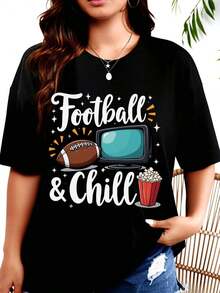 Women's T-Shirt, Football And Relaxation T-Shirt With Football TV Graphic And Popcorn For Match Day, Ideal For Parties, Comfortable And Casual For Women And Girls. - 黑色 - 查看 7