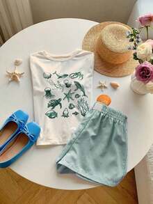 Conjunto casual de 2 piezas de mujer con camiseta de manga corta con cuello redondo y estampado de estrellas de mar, y shorts a rayas en azul marino - Verde Oscuro - Ver 5