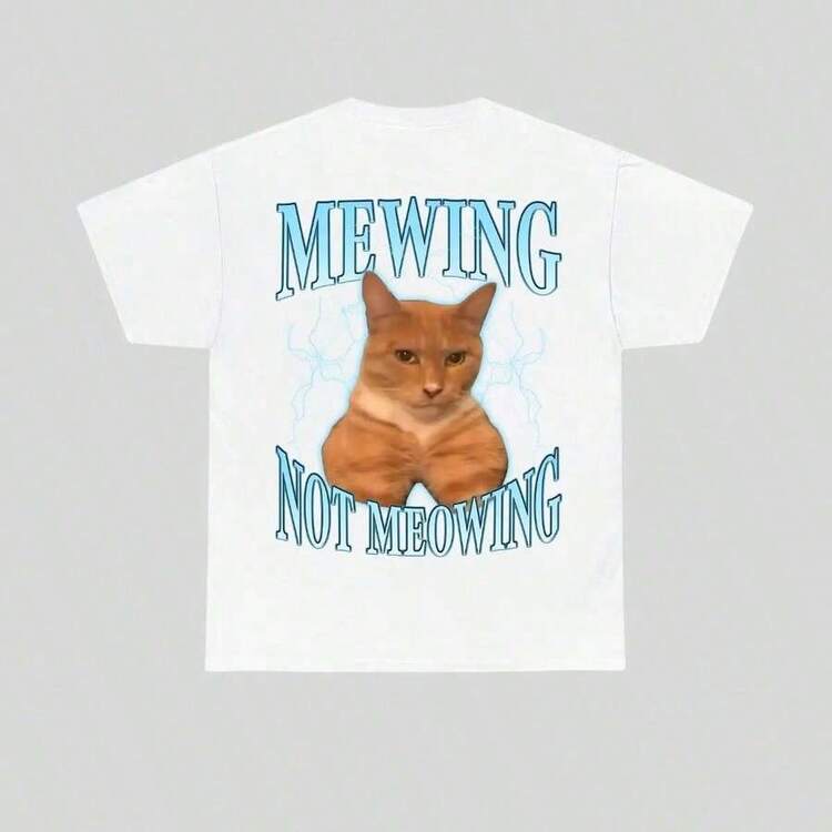 Women's Casual T-Shirt With Cat Print And "Mewing Not Meowing" Phrase, Short Sleeve Round Neck Blouse, Grunge Style - 白色 - 查看 2